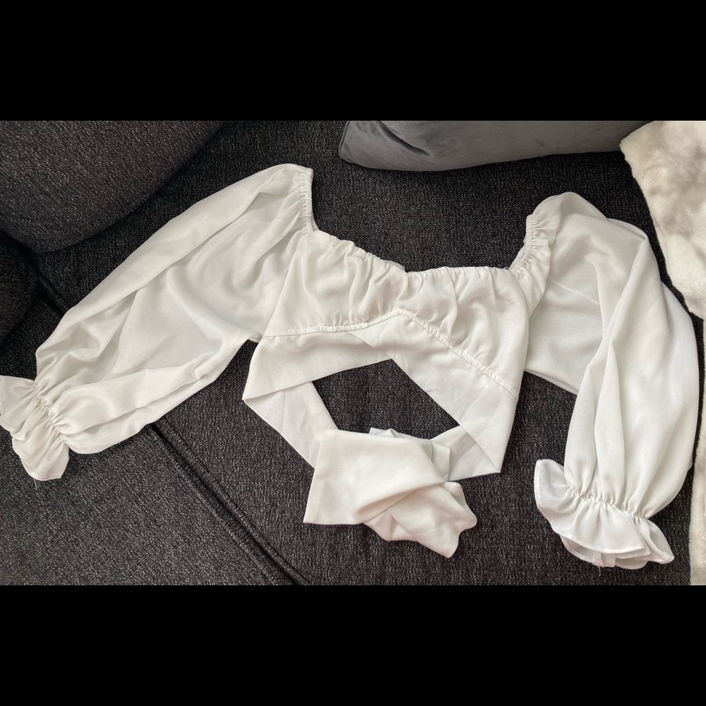 Hello Molly White Crop Top with Belled Sleeves Ties Around